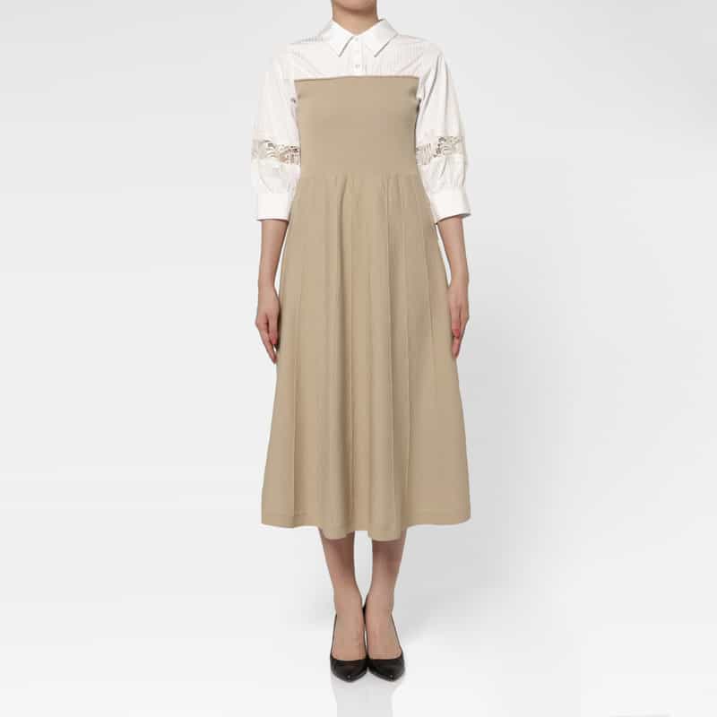 BARNEYS NEW YORK ウォッシャブル エンブロイダリースリーブ 切替ニットドレス BEIGE