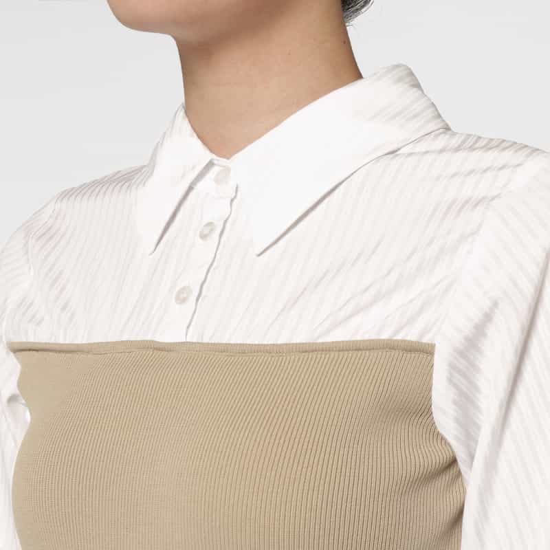 BARNEYS NEW YORK ウォッシャブル エンブロイダリースリーブ 切替ニットドレス BEIGE