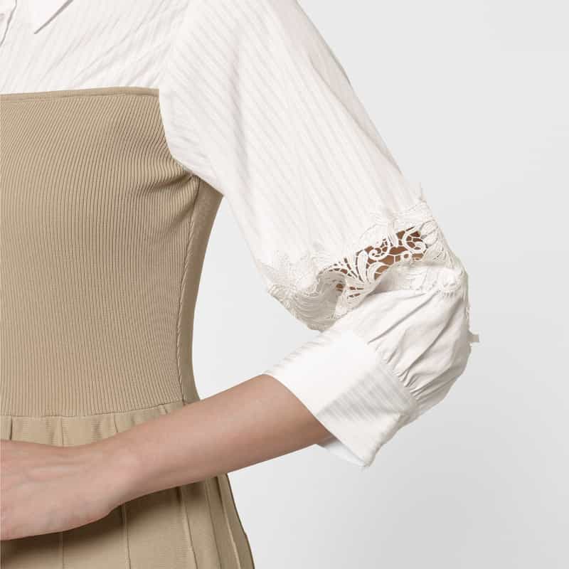 BARNEYS NEW YORK ウォッシャブル エンブロイダリースリーブ 切替ニットドレス BEIGE