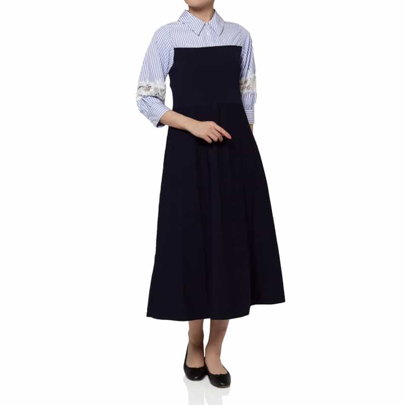 BARNEYS NEW YORK ウォッシャブル エンブロイダリースリーブ 切替ニットドレス NAVY