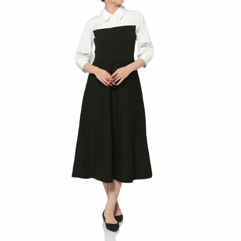BARNEYS NEW YORK ウォッシャブル エンブロイダリースリーブ 切替ニットドレス BLACK