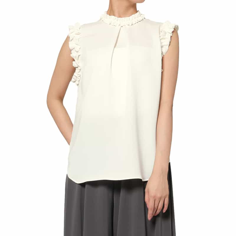 BARNEYS NEW YORK ウォッシャブル ストレッチ素材フリルブラウス WHITE