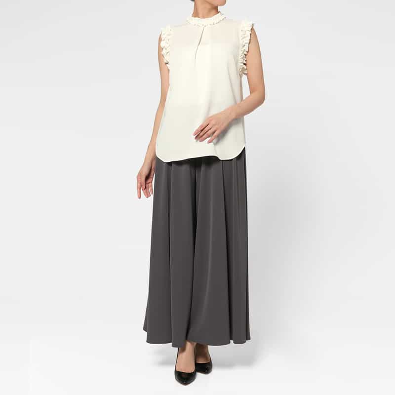 BARNEYS NEW YORK ウォッシャブル ストレッチ素材フリルブラウス WHITE