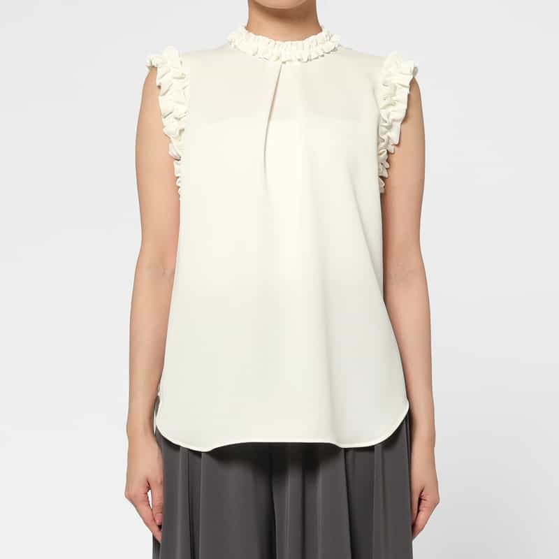 BARNEYS NEW YORK ウォッシャブル ストレッチ素材フリルブラウス WHITE