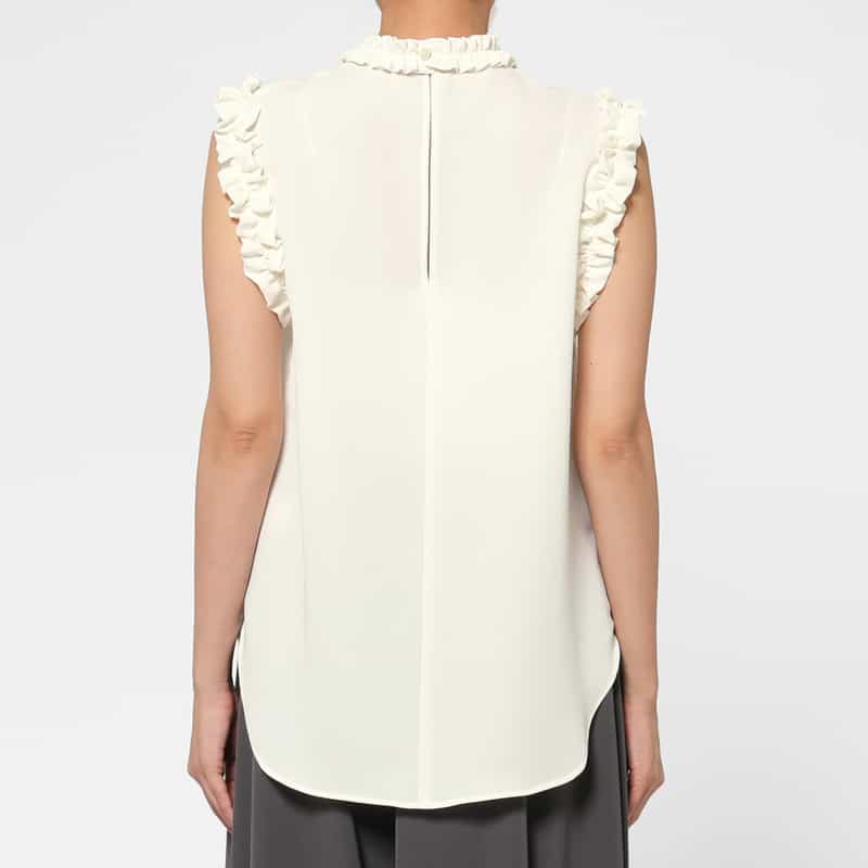 BARNEYS NEW YORK ウォッシャブル ストレッチ素材フリルブラウス WHITE