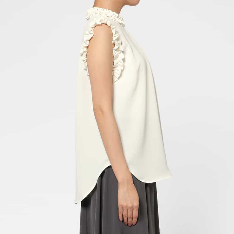 BARNEYS NEW YORK ウォッシャブル ストレッチ素材フリルブラウス WHITE