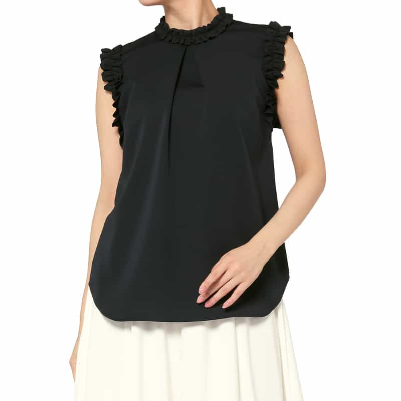 BARNEYS NEW YORK ウォッシャブル ストレッチ素材フリルブラウス BLACK