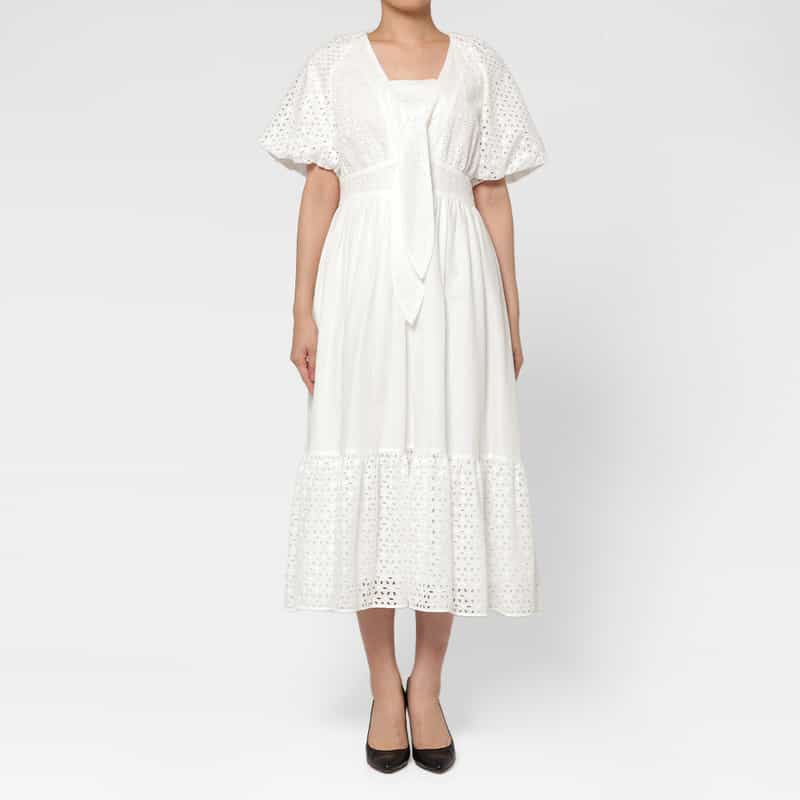 BARNEYS NEW YORK ウォッシャブル パフスリーブ コンビネーションカットワークデザインドレス WHITE