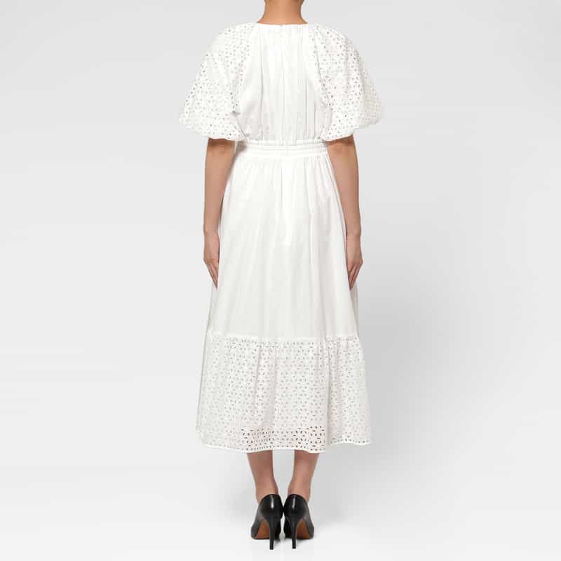 BARNEYS NEW YORK ウォッシャブル パフスリーブ コンビネーションカットワークデザインドレス WHITE