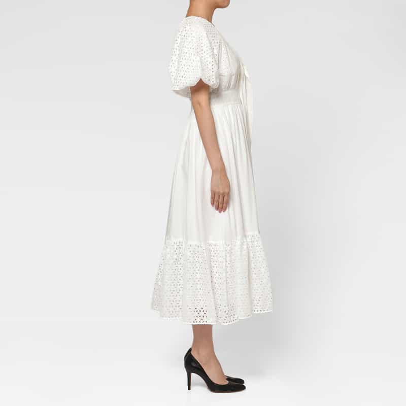 BARNEYS NEW YORK ウォッシャブル パフスリーブ コンビネーションカットワークデザインドレス WHITE