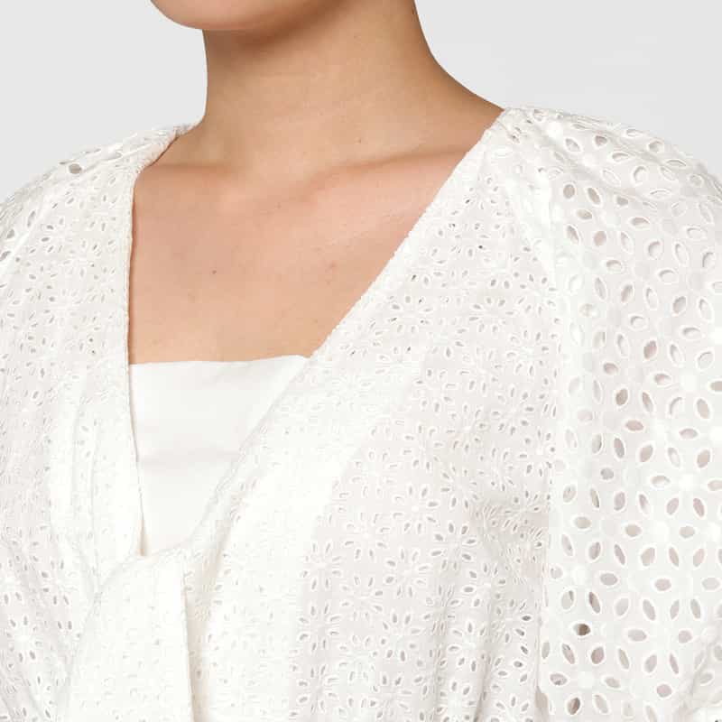 BARNEYS NEW YORK ウォッシャブル パフスリーブ コンビネーションカットワークデザインドレス WHITE