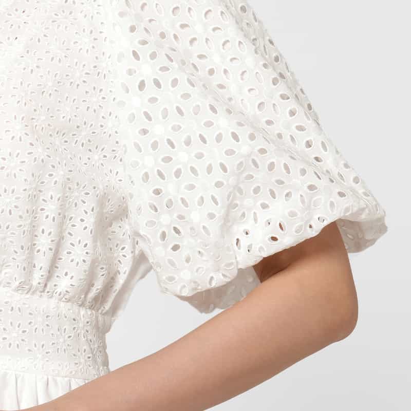 BARNEYS NEW YORK ウォッシャブル パフスリーブ コンビネーションカットワークデザインドレス WHITE