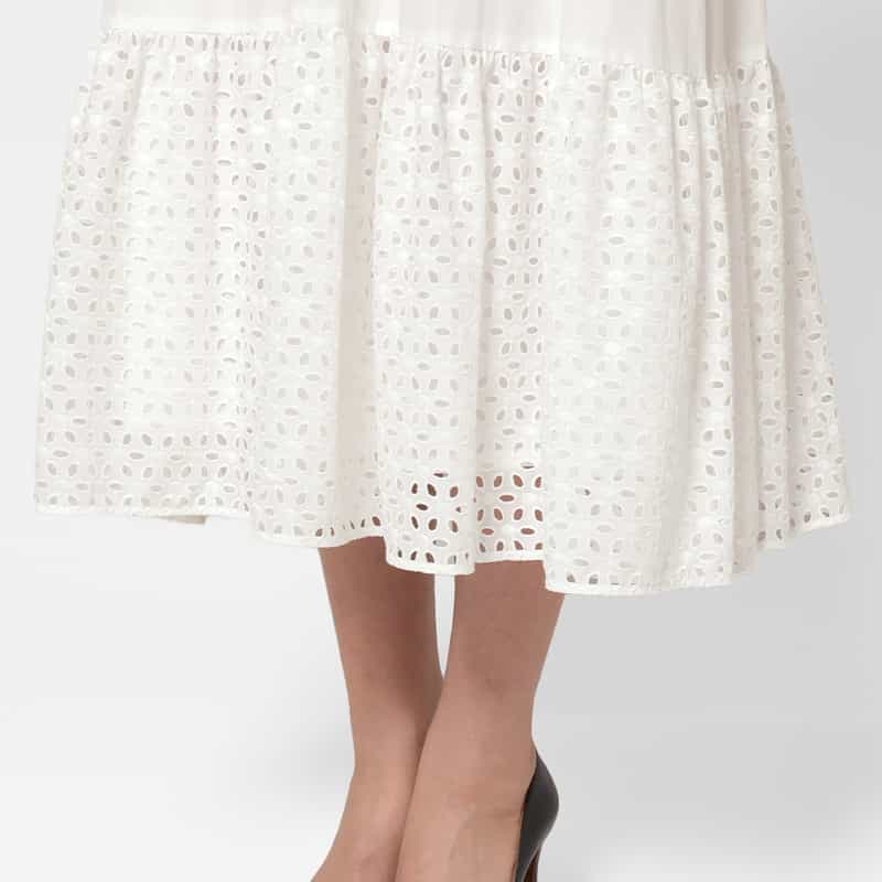 BARNEYS NEW YORK ウォッシャブル パフスリーブ コンビネーションカットワークデザインドレス WHITE