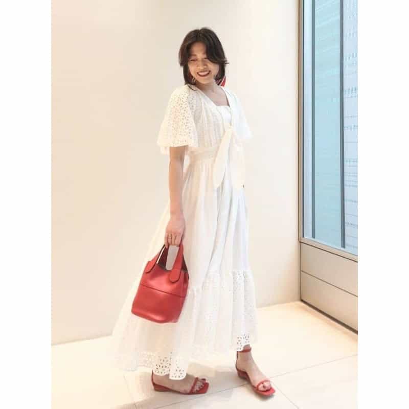 BARNEYS NEW YORK ウォッシャブル パフスリーブ コンビネーションカットワークデザインドレス WHITE