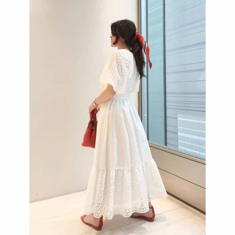 BARNEYS NEW YORK ウォッシャブル パフスリーブ コンビネーションカットワークデザインドレス WHITE