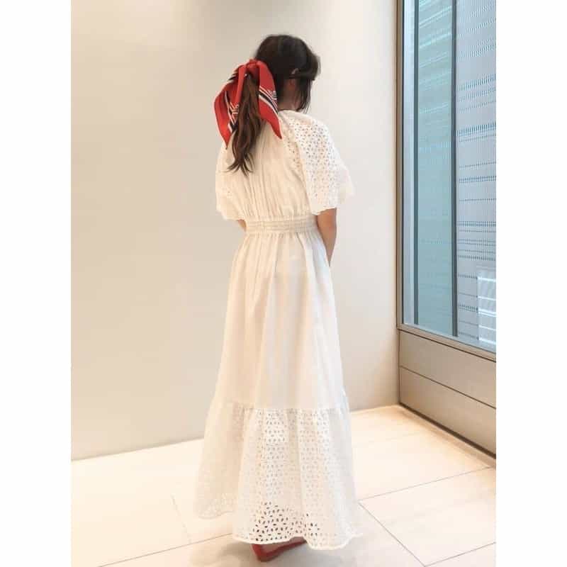 BARNEYS NEW YORK ウォッシャブル パフスリーブ コンビネーションカットワークデザインドレス WHITE