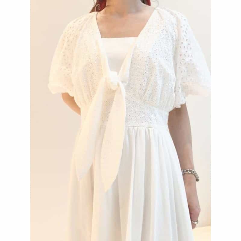 BARNEYS NEW YORK ウォッシャブル パフスリーブ コンビネーションカットワークデザインドレス WHITE