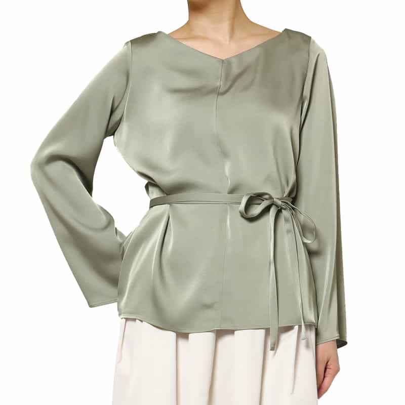 BARNEYS NEW YORK ウォッシャブル サテン素材Vネックウエストリボンブラウス LIGHT GRAY