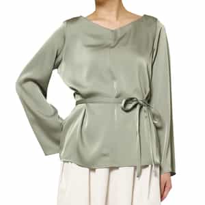 ウォッシャブル サテン素材Vネックウエストリボンブラウス