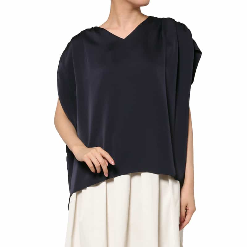 BARNEYS NEW YORK ウォッシャブル サテン素材ギャザーブラウス NAVY