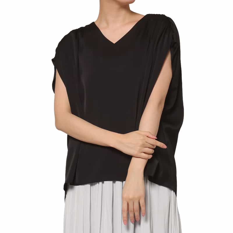 BARNEYS NEW YORK ウォッシャブル サテン素材ギャザーブラウス BLACK