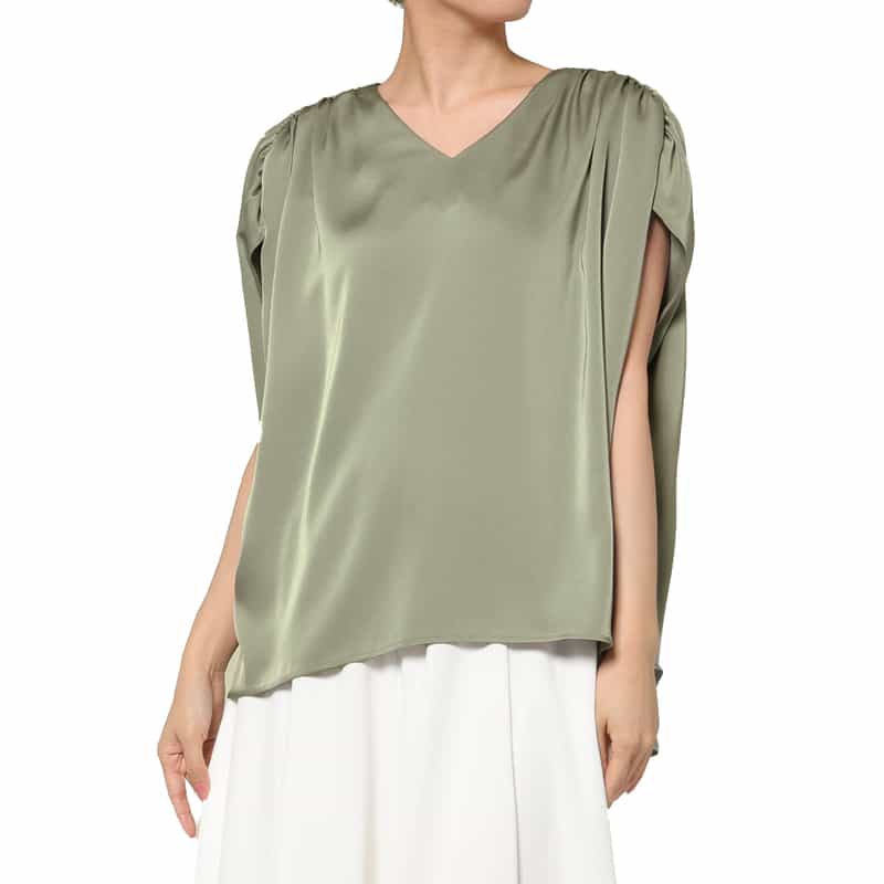 BARNEYS NEW YORK ウォッシャブル サテン素材ギャザーブラウス LIGHT GRAY