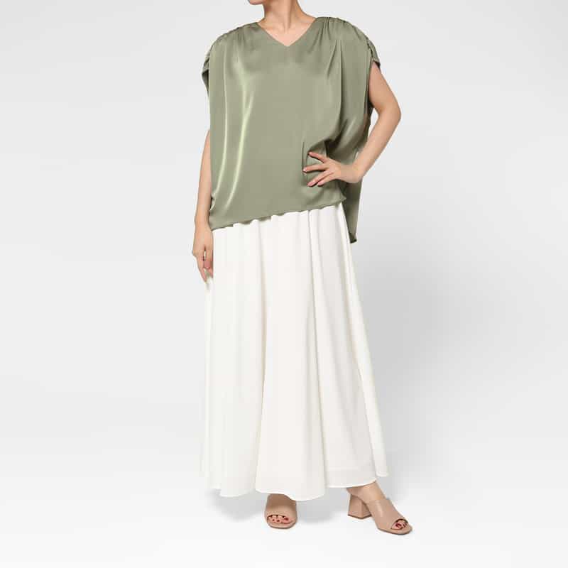 BARNEYS NEW YORK ウォッシャブル サテン素材ギャザーブラウス LIGHT GRAY