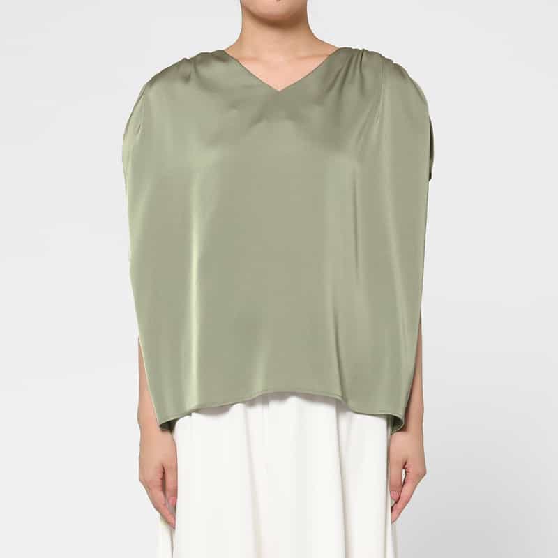 BARNEYS NEW YORK ウォッシャブル サテン素材ギャザーブラウス LIGHT GRAY