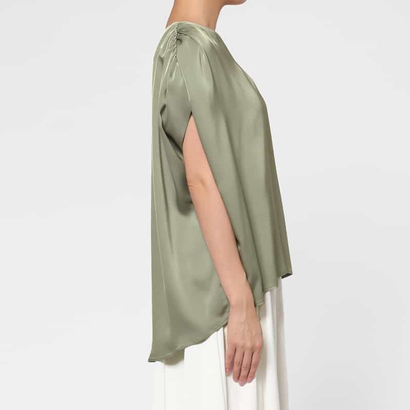 BARNEYS NEW YORK ウォッシャブル サテン素材ギャザーブラウス LIGHT GRAY