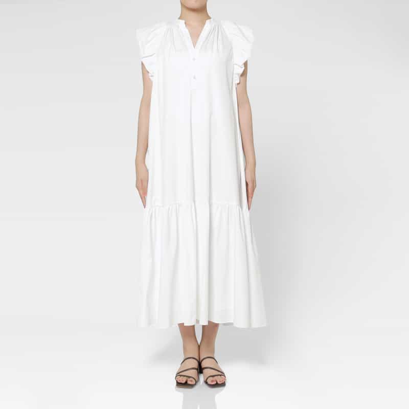 BARNEYS NEW YORK ウォッシャブル ギャザースリーブロングドレス WHITE