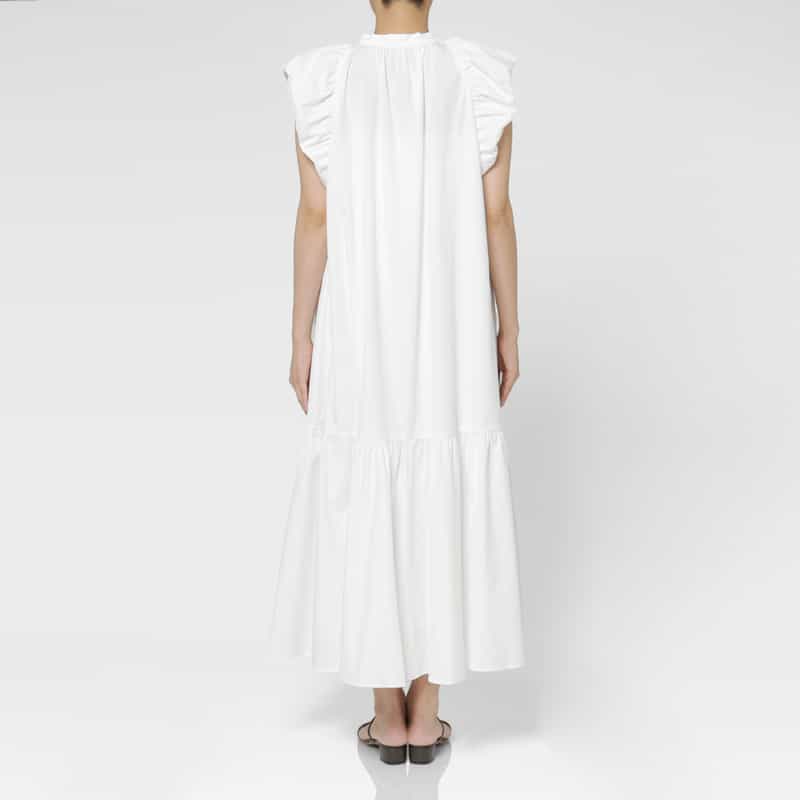 BARNEYS NEW YORK ウォッシャブル ギャザースリーブロングドレス WHITE