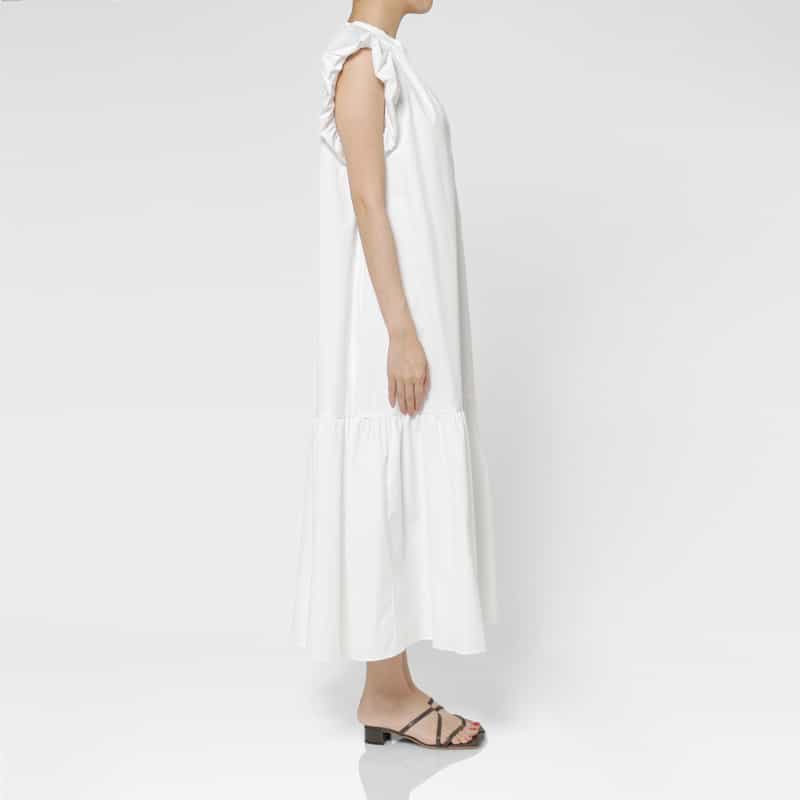 BARNEYS NEW YORK ウォッシャブル ギャザースリーブロングドレス WHITE