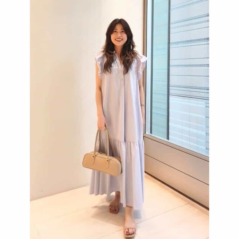 BARNEYS NEW YORK ウォッシャブル ギャザースリーブロングドレス LIGHT BLUE