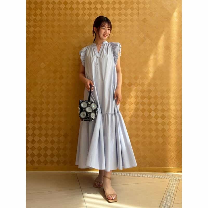BARNEYS NEW YORK ウォッシャブル ギャザースリーブロングドレス LIGHT BLUE