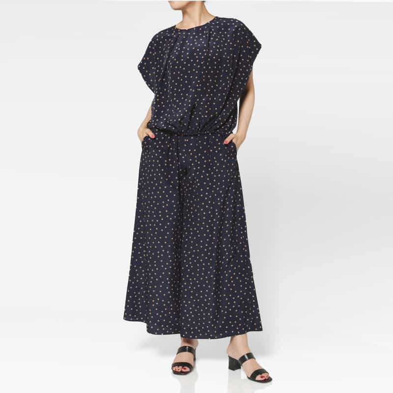 BARNEYS NEW YORK セットアップ ウォッシャブル ランダムドット柄ドローストリング付きギャザーワイドパンツ NAVY