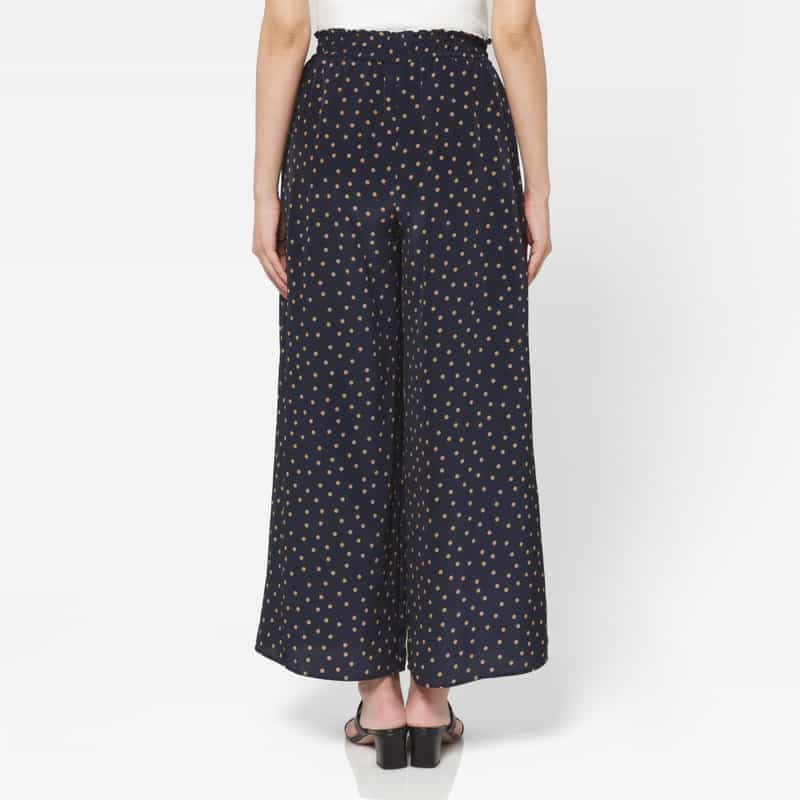BARNEYS NEW YORK セットアップ ウォッシャブル ランダムドット柄ドローストリング付きギャザーワイドパンツ NAVY