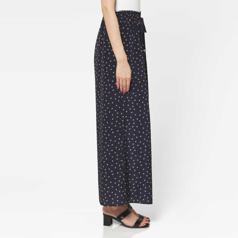 BARNEYS NEW YORK セットアップ ウォッシャブル ランダムドット柄ドローストリング付きギャザーワイドパンツ NAVY