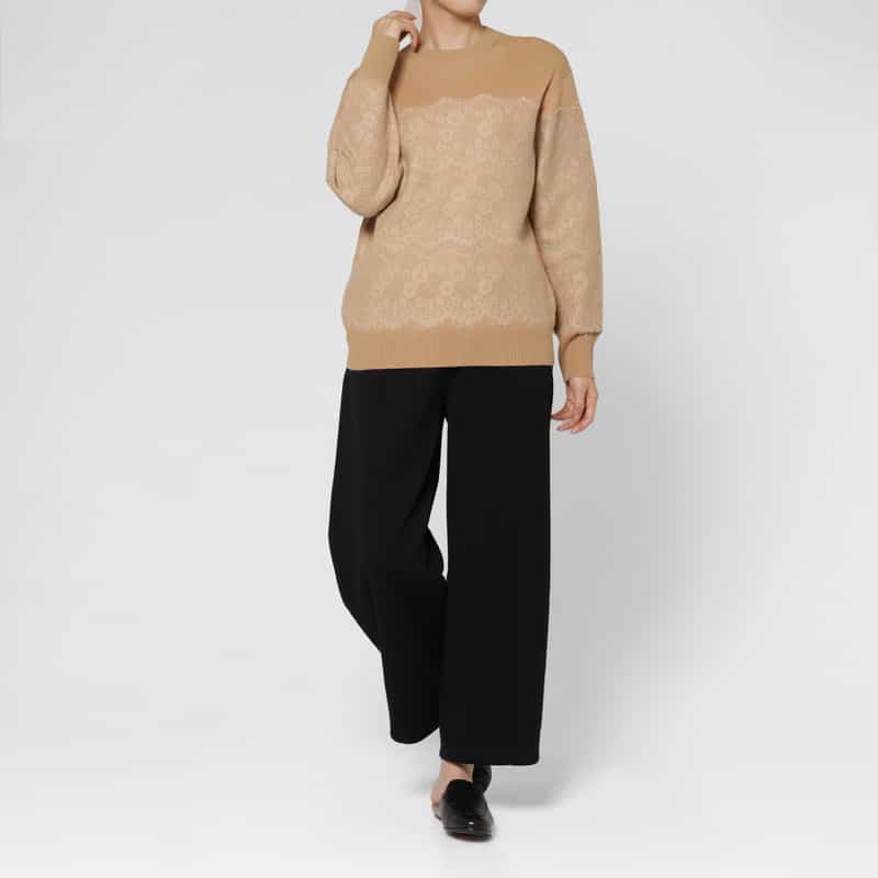 BARNEYS NEW YORK ニードルパンチレースデザイン クルーネックニットプルオーバー BEIGE