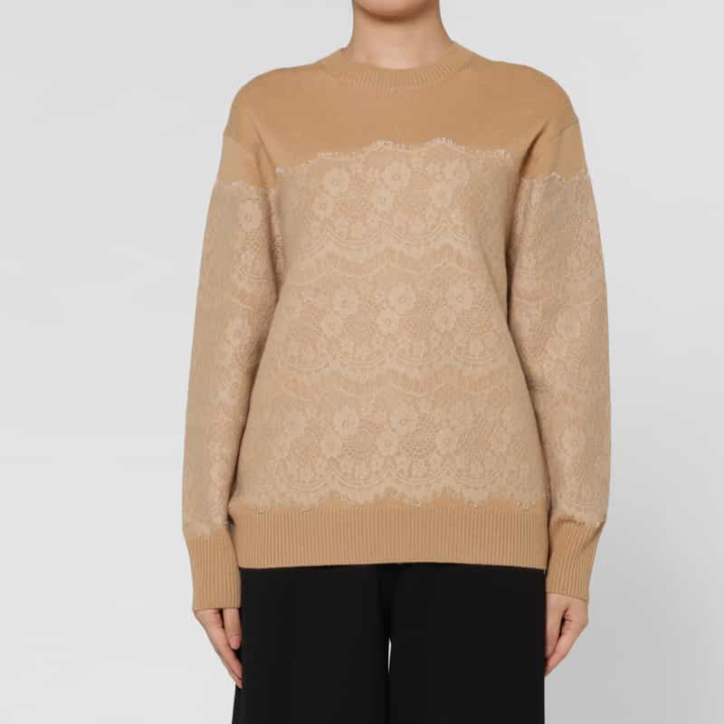 BARNEYS NEW YORK ニードルパンチレースデザイン クルーネックニットプルオーバー BEIGE