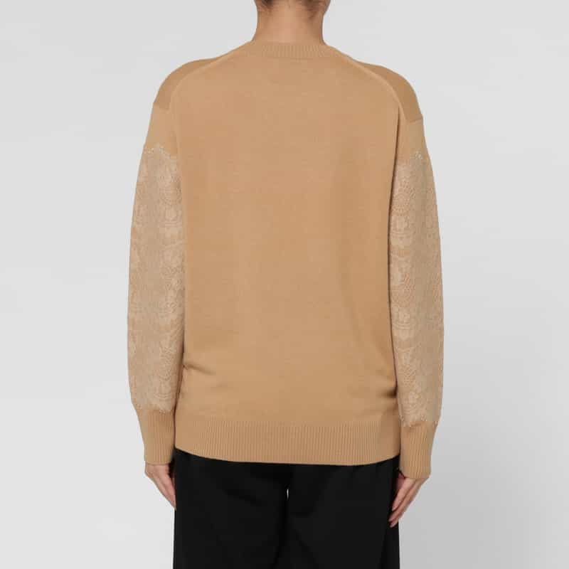 BARNEYS NEW YORK ニードルパンチレースデザイン クルーネックニットプルオーバー BEIGE