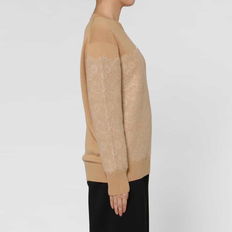 BARNEYS NEW YORK ニードルパンチレースデザイン クルーネックニットプルオーバー BEIGE