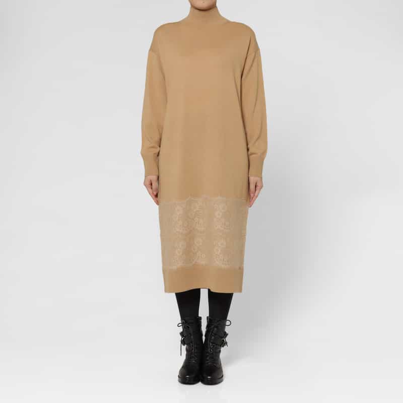 BARNEYS NEW YORK ニードルパンチレースデザイン ハイネックニットドレス BEIGE