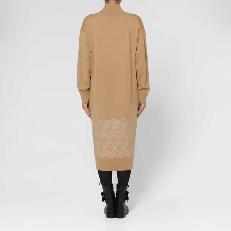 BARNEYS NEW YORK ニードルパンチレースデザイン ハイネックニットドレス BEIGE