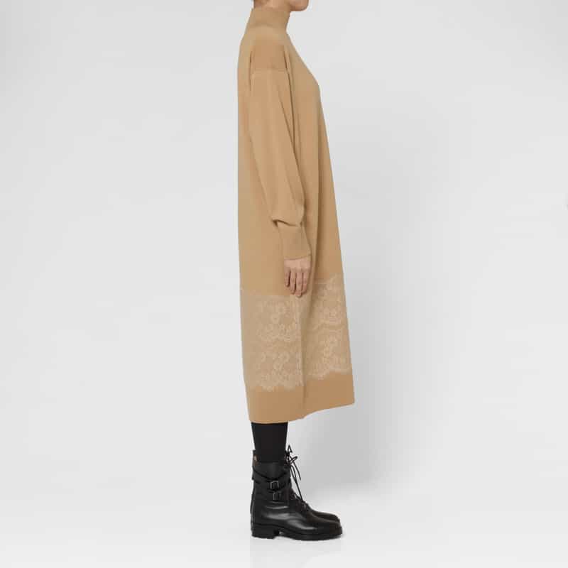 BARNEYS NEW YORK ニードルパンチレースデザイン ハイネックニットドレス BEIGE