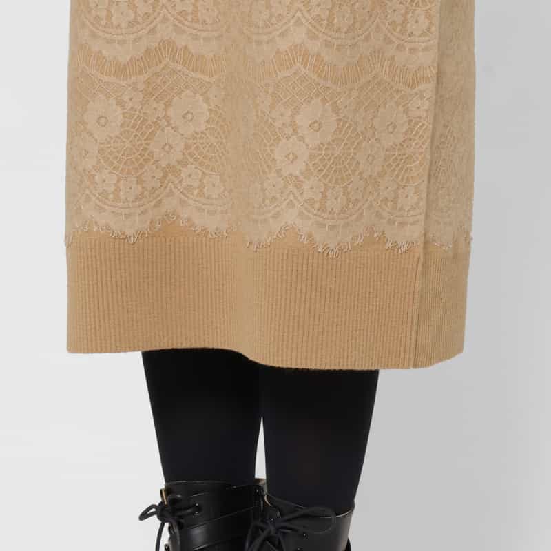 BARNEYS NEW YORK ニードルパンチレースデザイン ハイネックニットドレス BEIGE