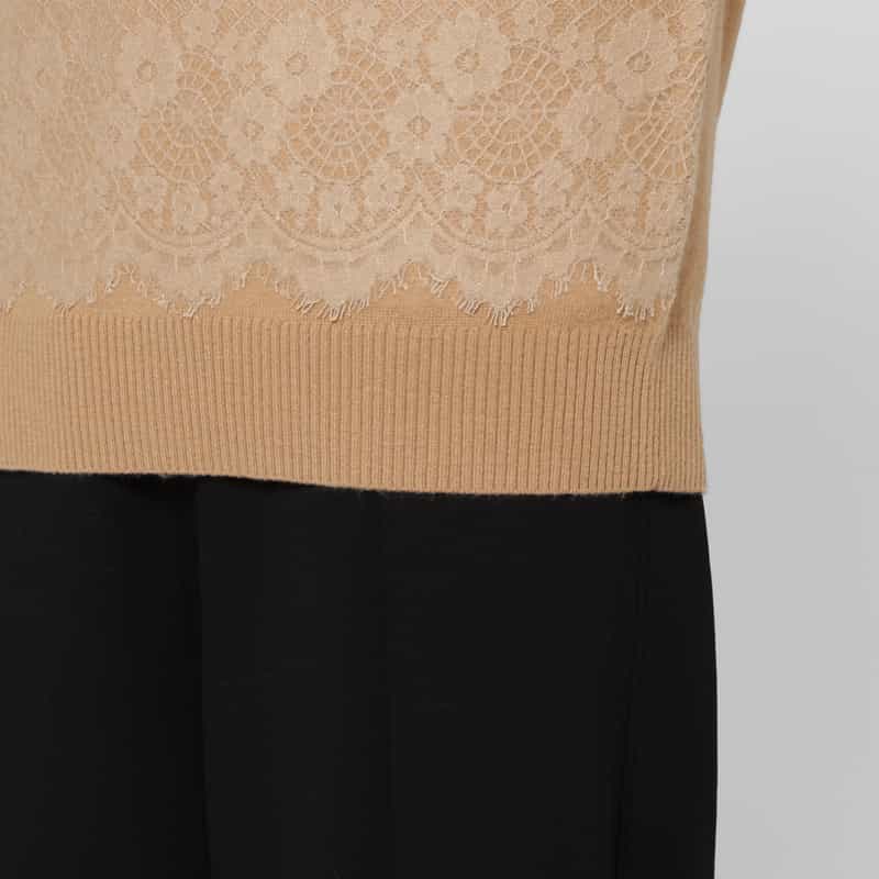 BARNEYS NEW YORK ニードルパンチレースデザイン ハイネックニットドレス BEIGE