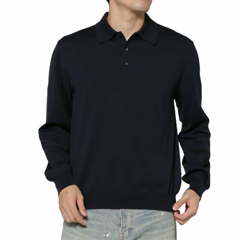 BARNEYS NEW YORK シーアイランドコットンロングスリーブニットポロシャツ NAVY