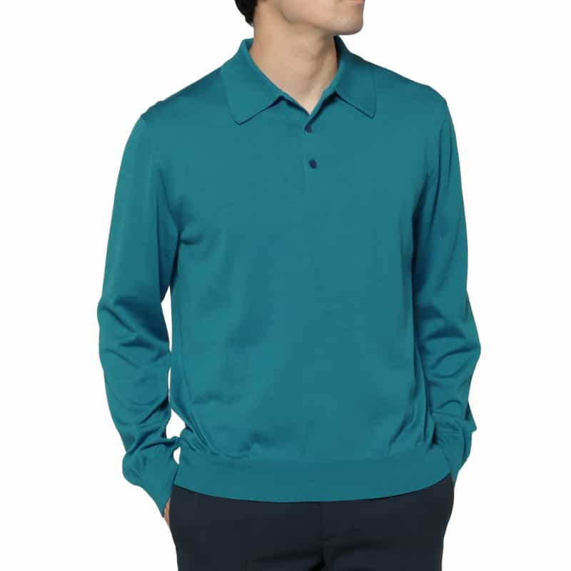 BARNEYS NEW YORK シーアイランドコットンロングスリーブニットポロシャツ TURQUOISE
