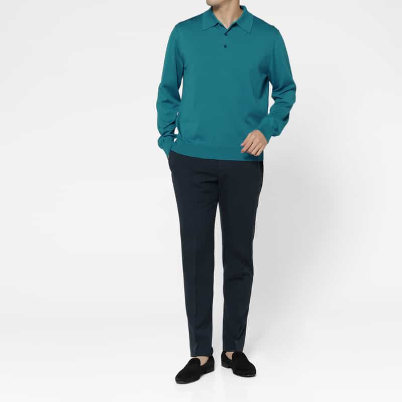 BARNEYS NEW YORK シーアイランドコットンロングスリーブニットポロシャツ TURQUOISE