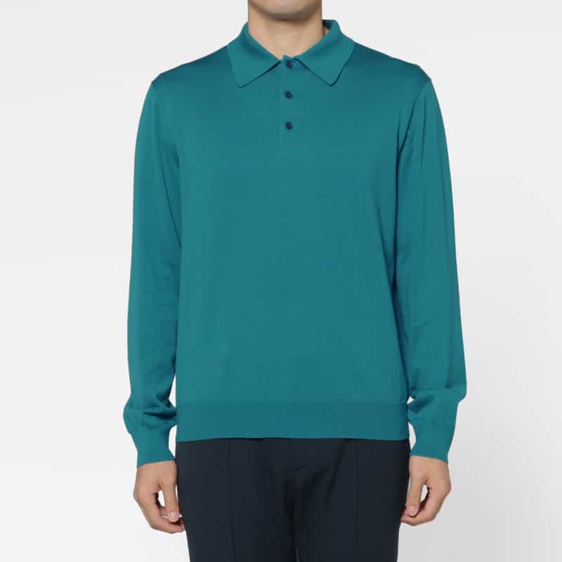 BARNEYS NEW YORK シーアイランドコットンロングスリーブニットポロシャツ TURQUOISE